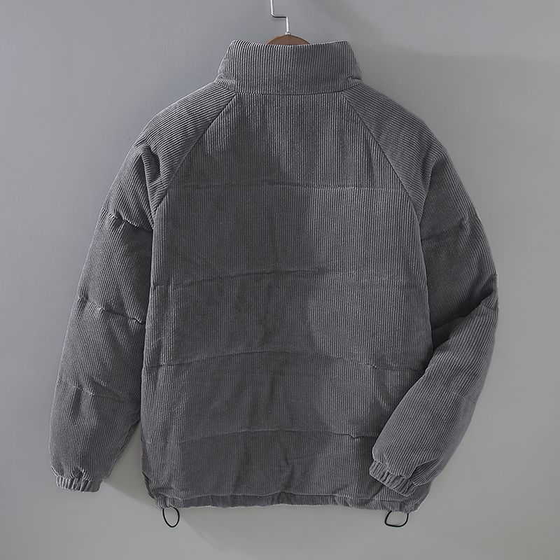 Graue Cordjacke, wattiert, mit Stehkragen, für Herren, Wintermode, Rückansicht.