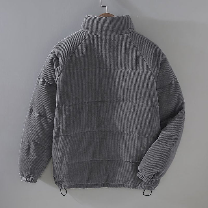 Graue Cordjacke, wattiert, mit Stehkragen, für Herren, Wintermode, Rückansicht.