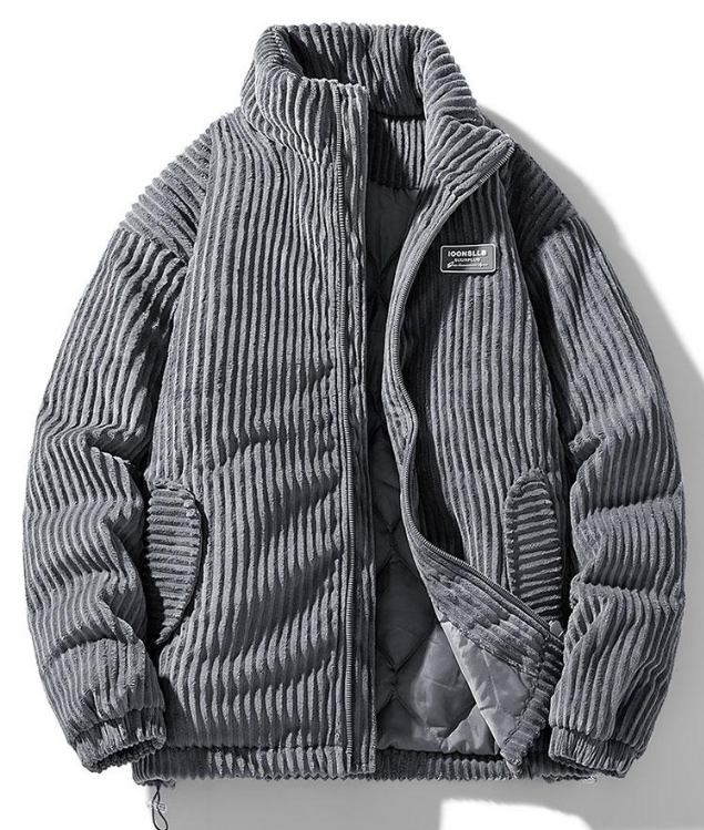 Graue Cordjacke mit Reißverschluss, gestepptem Innenfutter und elastischen Bündchen.
