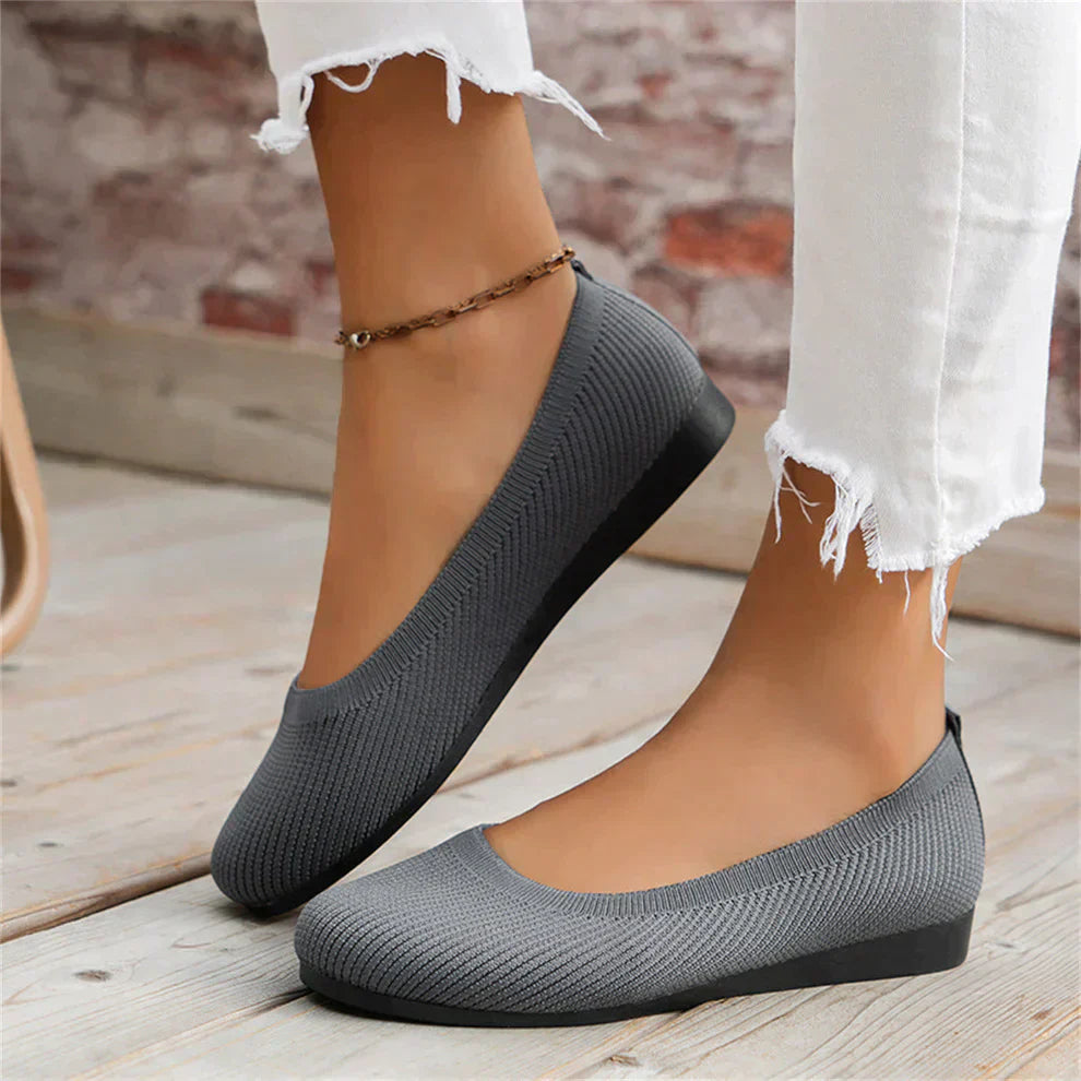 Graue Damen-Ballerinas, Strickmaterial, flacher Absatz, modisch, bequem, ideal für Alltag.