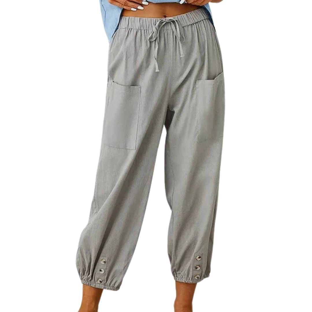 Graue Damen-Leinenhose mit Taschen, elastischem Bund und Knöpfen, lässige Sommermode.