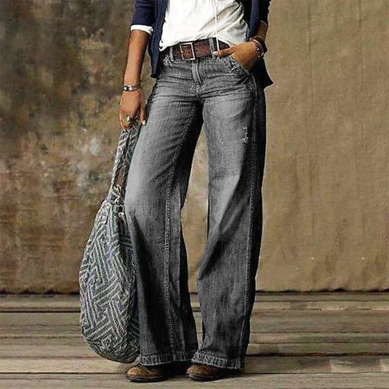 Graue Damen-Jeans mit weitem Bein, niedriger Taille, Retro-Stil, Streetwear-Mode.