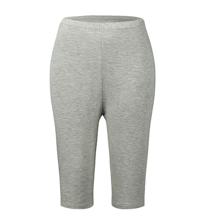 Graue Damen-Radlerhose, knielang, elastisch, bequem, ideal für Sport und Freizeit.