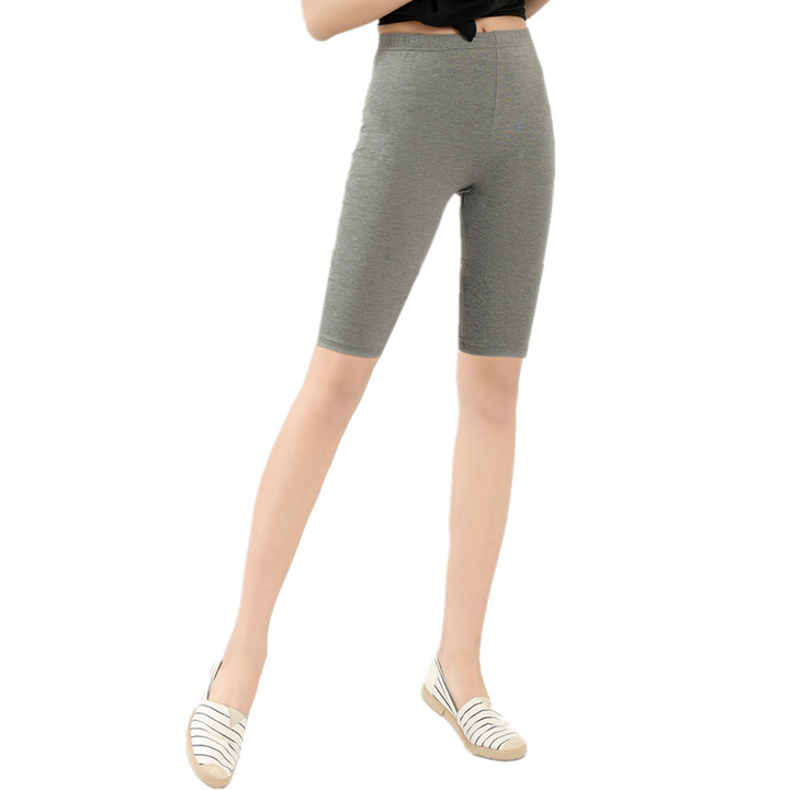 Graue Damen-Radlerhose, knielang, elastisch, bequem, ideal für Sport und Freizeit.