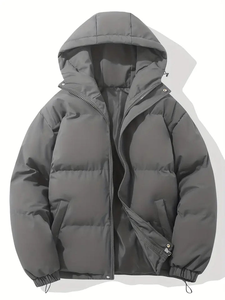 Graue Daunenjacke mit Kapuze, Reißverschluss, warm, Wintermode, Herrenbekleidung.