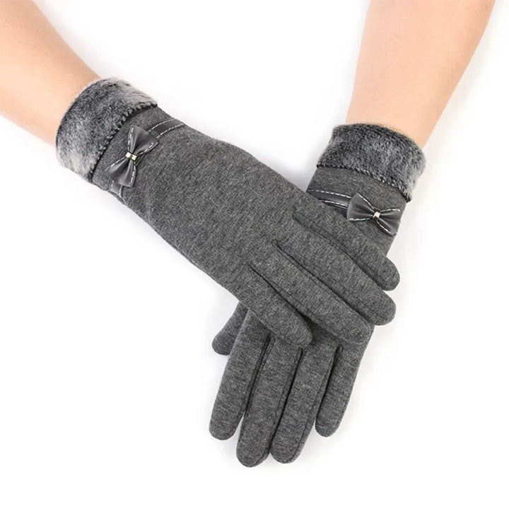 Graue Damenhandschuhe mit Schleife, Fleece-Futter, Wintermode, warm, elegant, stilvoll.