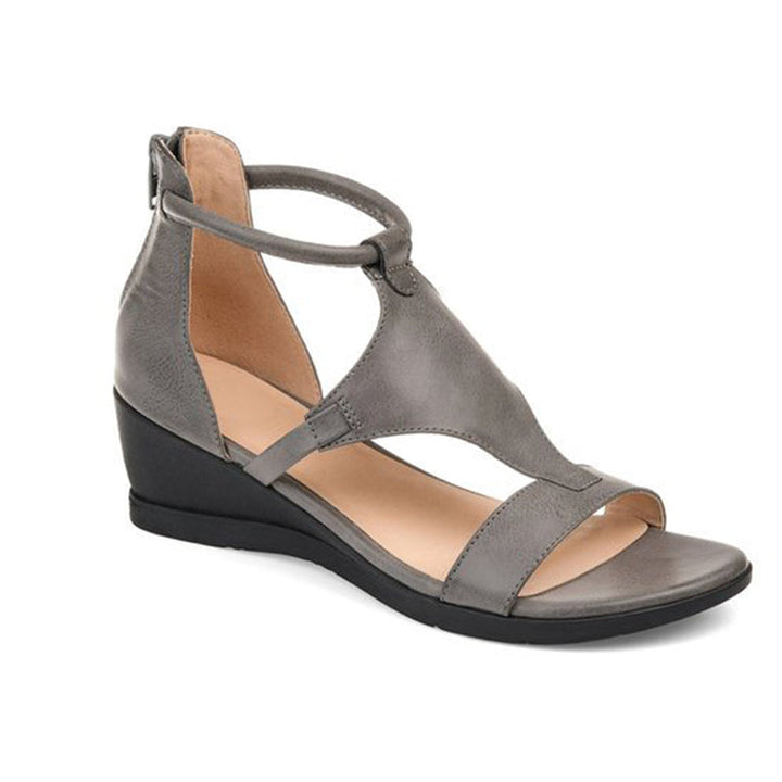 Graue Damen-Sandale mit Keilabsatz, Leder, modisch, bequem, ideal für Sommer.