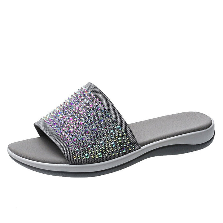 Graue Damen-Sandale mit Glitzersteinen, bequem, modisch, rutschfest, Sommerschuh.