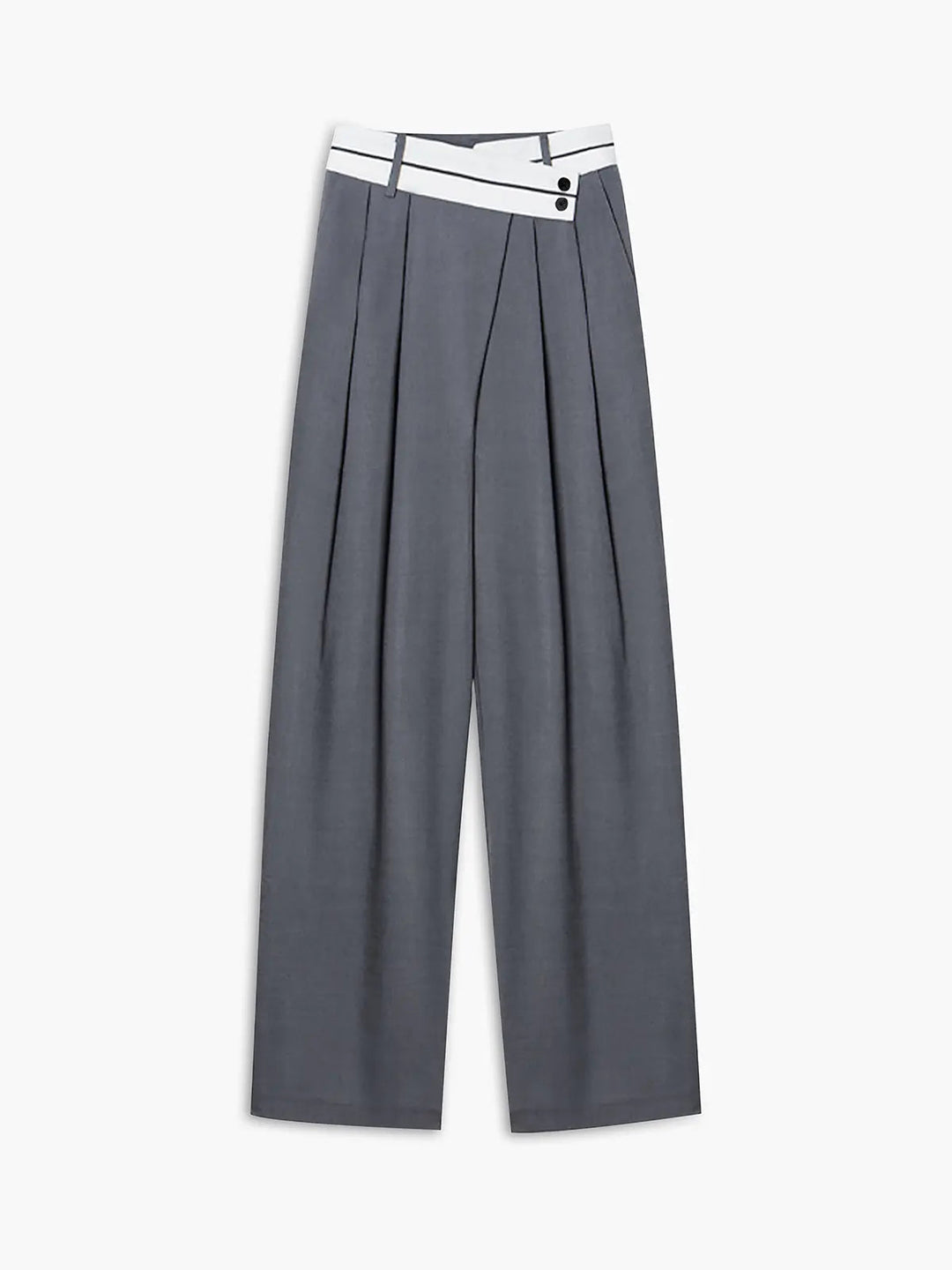 Graue Damenhose mit weitem Bein, weißem Bund, eleganter Faltenwurf, modische Damenbekleidung.