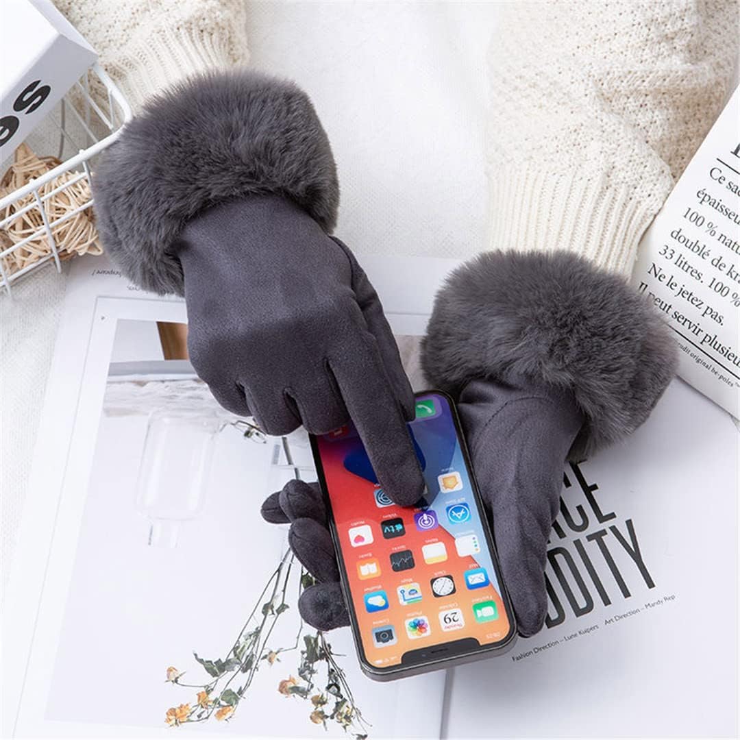 Graue Damenhandschuhe aus Kunstpelz, Touchscreen-kompatibel, warm, elegant, Wintermode.