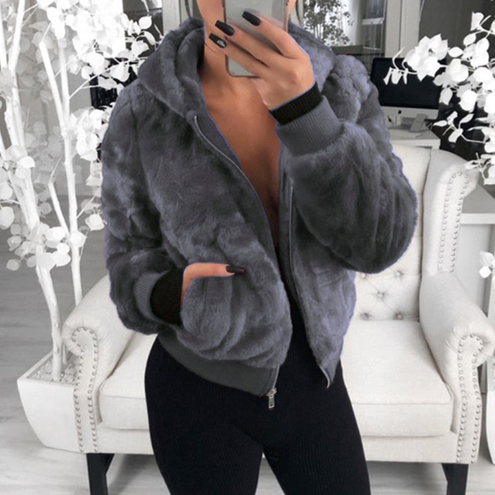 Damen graue Kunstpelzjacke mit Kapuze, modisch, warm, ideal für Winter, Freizeitkleidung.