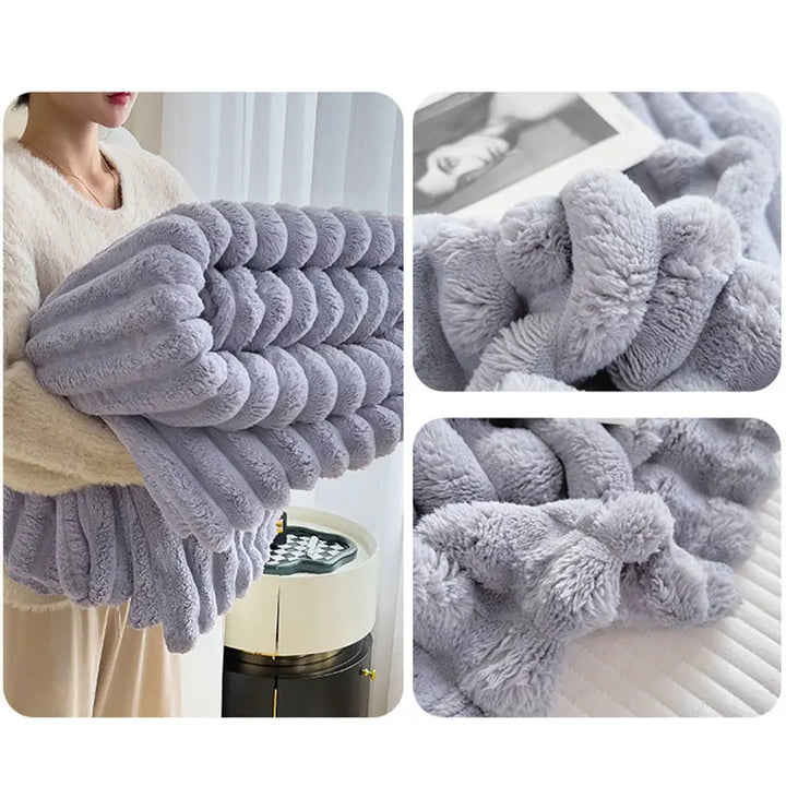 Graue, flauschige Decke aus Plüsch, weich, gemütlich, ideal für Wohnzimmer oder Schlafzimmer.