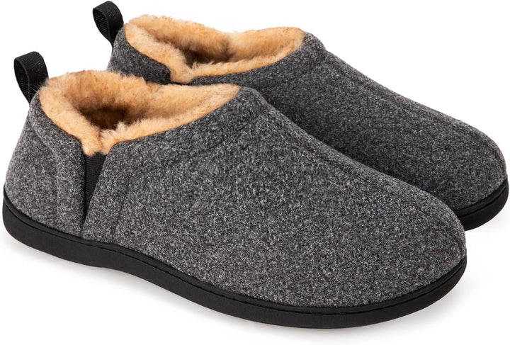 Graue Filzhausschuhe mit Fleecefutter, rutschfeste Sohle, warme Winterpantoffeln für Herren.