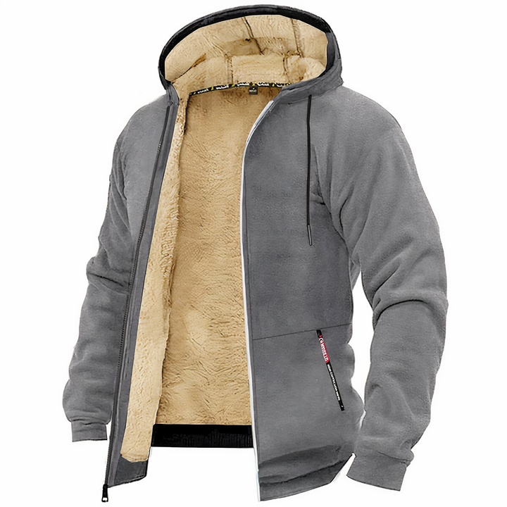 Graue Herren-Fleecejacke mit Kapuze, warmes Innenfutter, Reißverschluss, Wintermode.