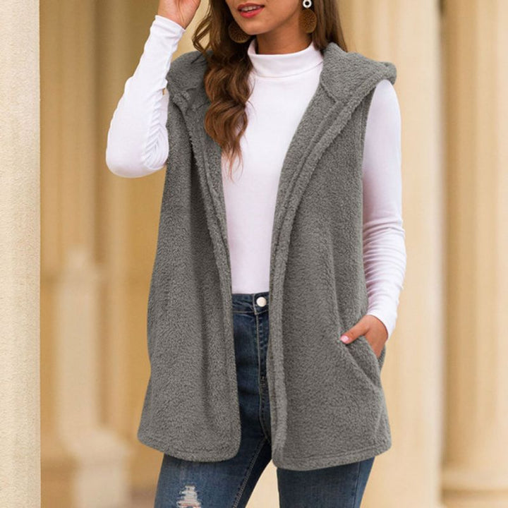Graue Damen-Fleeceweste mit Kapuze, ärmellos, modisch, warm, ideal für Herbst und Winter.