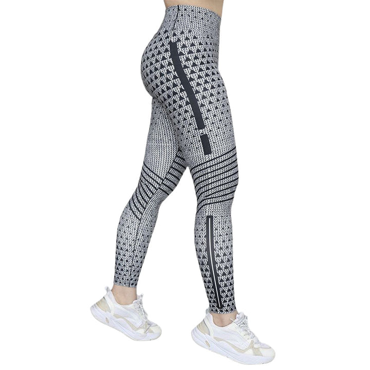 Graue Damen-Leggings mit geometrischem Muster, elastisch, ideal für Sport und Freizeit.