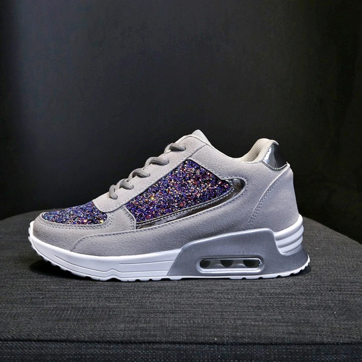 Graue Damen-Sneaker, orthopädisch, leicht, mit Glitzer, runde Spitze, modisch.
