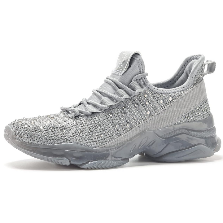 Grauer Sneaker mit Strasssteinen, modisch, sportlich, Damen, bequem, atmungsaktiv.