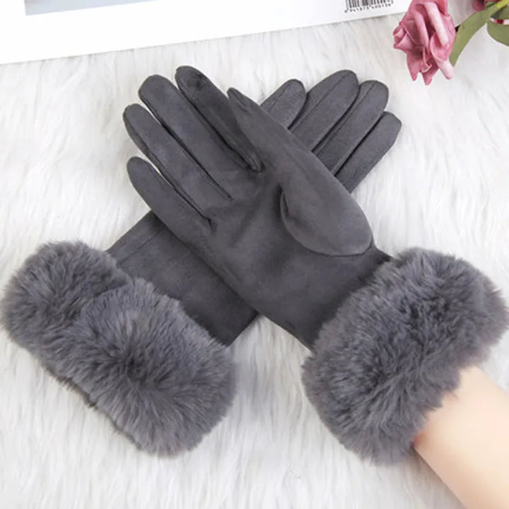Graue Damenhandschuhe mit Kunstfell, Wintermode, warm, elegant, Accessoire, Geschenkidee.