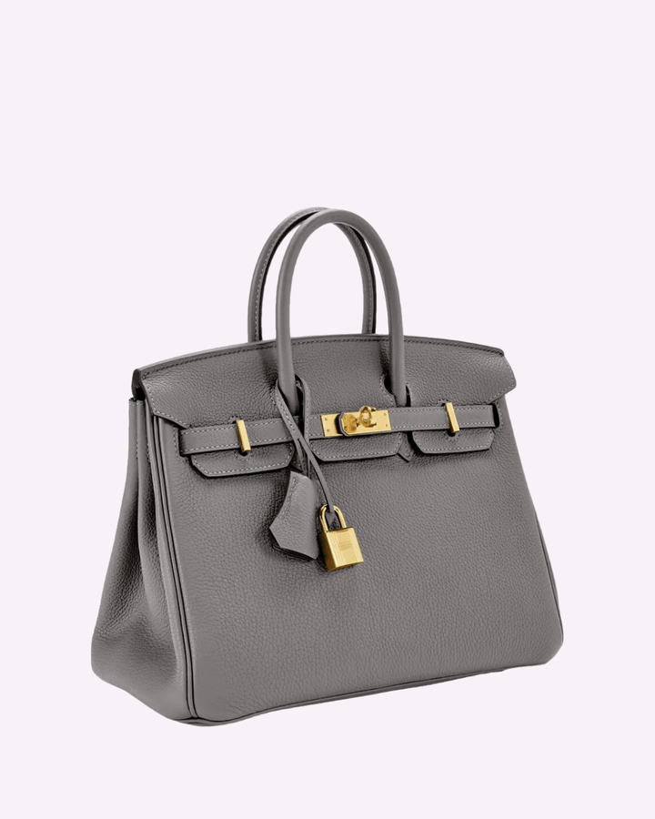 Graue Lederhandtasche mit goldenen Beschlägen, elegantes Design, modisches Accessoire.