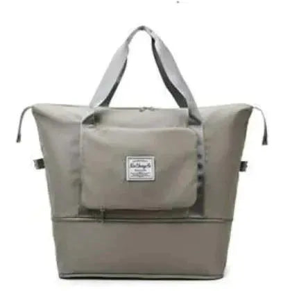 Graue, wasserdichte Reisetasche mit Reißverschluss und Tragegriffen, ideal für Reisen.