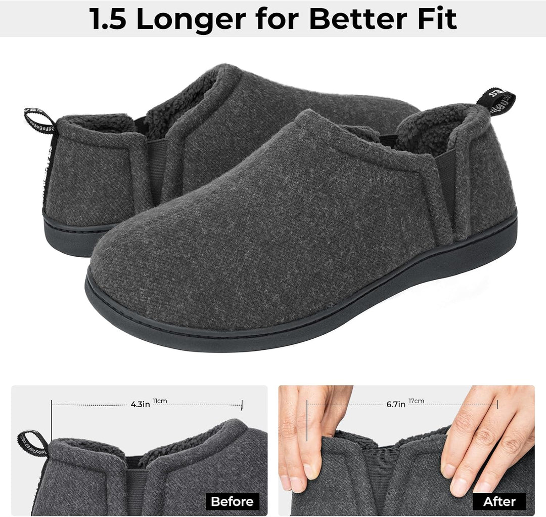 Graue Hausschuhe aus Fleece, rutschfeste Sohle, bequeme Passform, Herren, Damen, Winter.