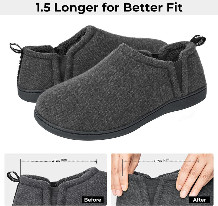 Graue Hausschuhe aus Fleece, rutschfeste Sohle, bequeme Passform, Herren, Damen, Winter.