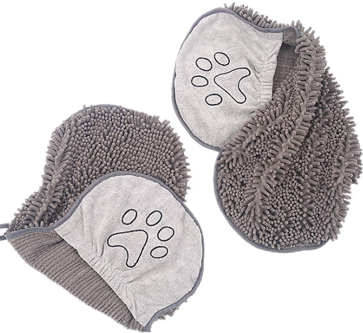 Graue Mikrofaser-Hundehandschuhe mit Pfotenmotiv, ideal zum Trocknen und Reinigen von Haustieren.