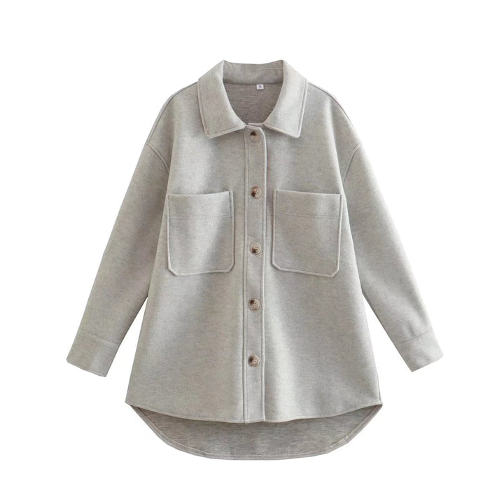 Graue Damenjacke aus Baumwolle mit Knopfleiste und Taschen, lässiger Stil.