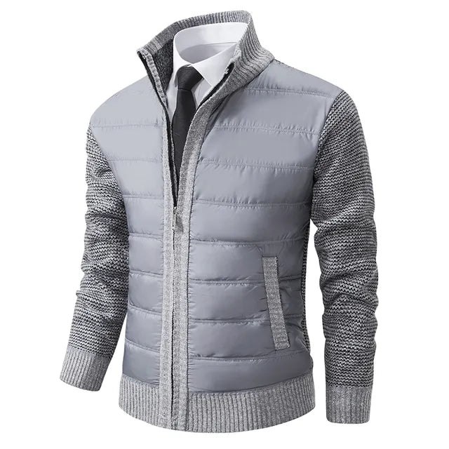 Graue Herrenjacke mit Strickärmeln, Reißverschluss, modisch, warm, Herbst-Winter-Bekleidung.