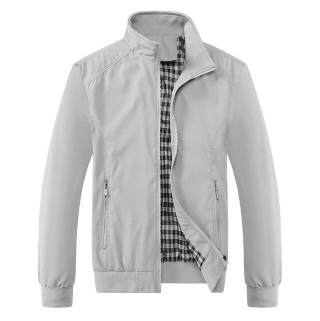 Graue Herrenjacke mit Stehkragen, Reißverschluss und kariertem Innenfutter, modisch und elegant.