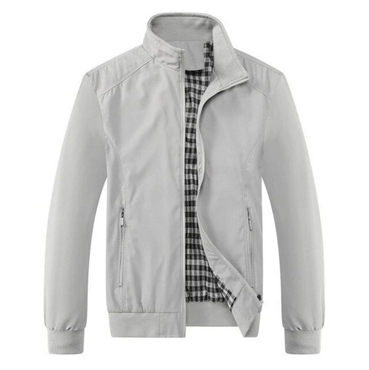 Graue Herrenjacke mit Stehkragen, Reißverschluss und kariertem Innenfutter, modisch und elegant.