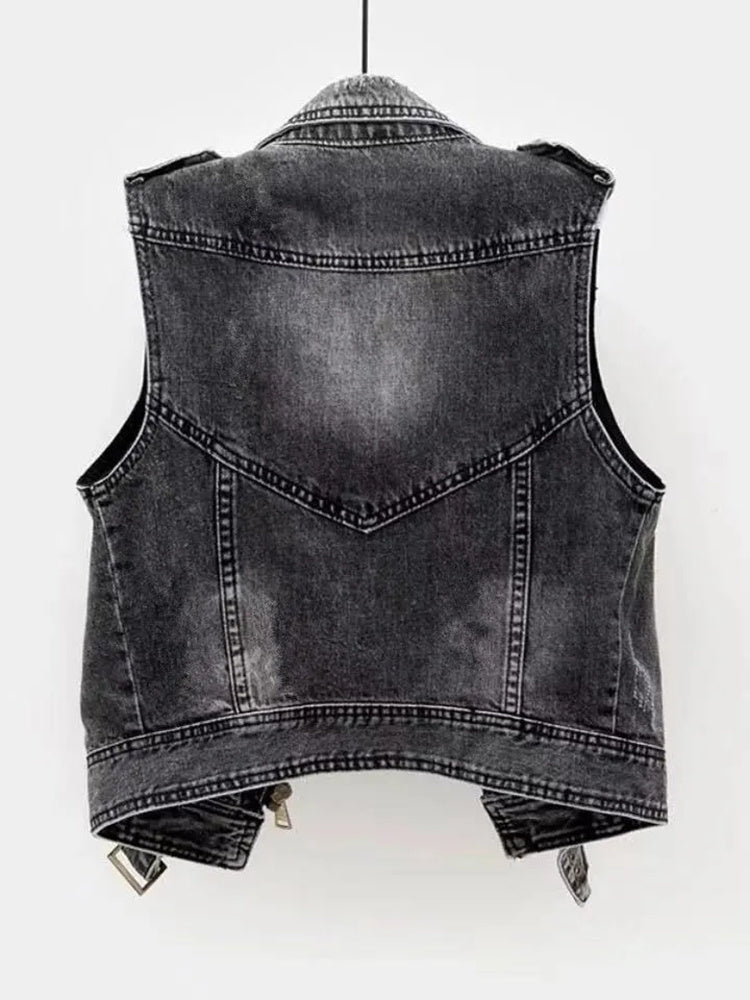 Graue Damen-Jeansweste, ärmellos, Cowboy-Stil, Frühlingsmode, Loch-Design, Denim.