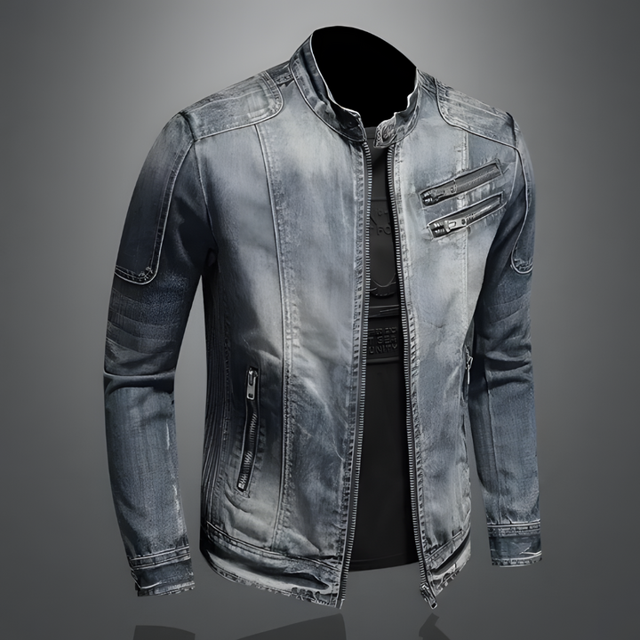 Graue Herren-Jeansjacke, Reißverschlüsse, lässiger Stil, modische Oberbekleidung, Denim-Look