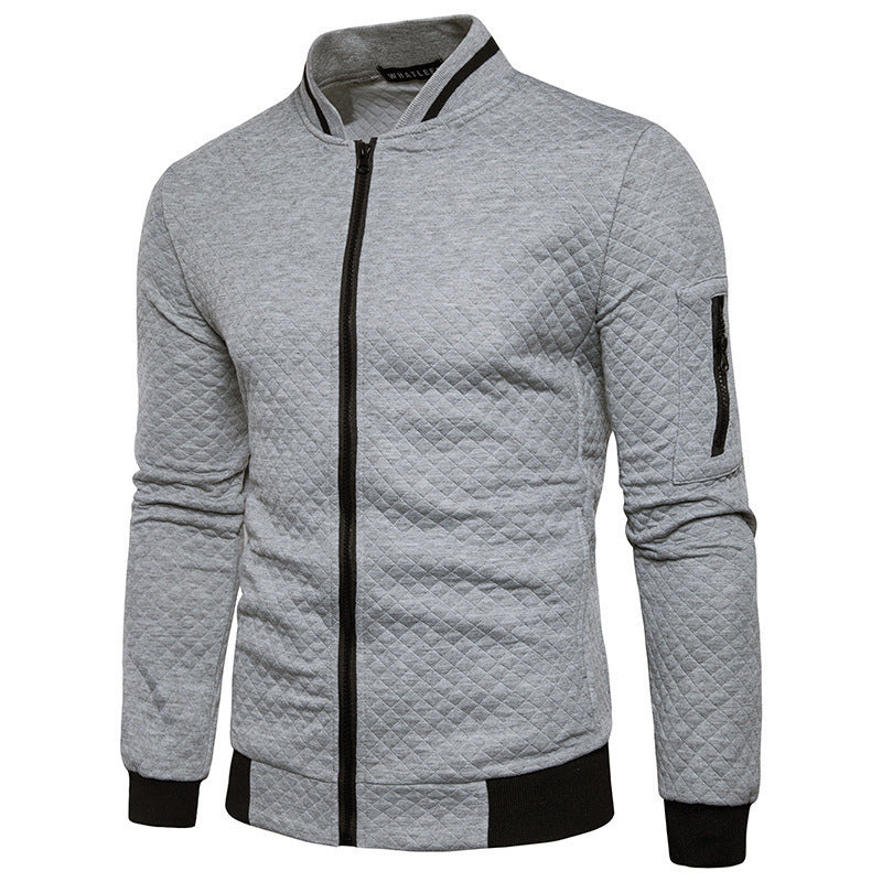 Graue gesteppte Herrenjacke mit Reißverschluss, Stehkragen, Slim Fit, langärmelig.