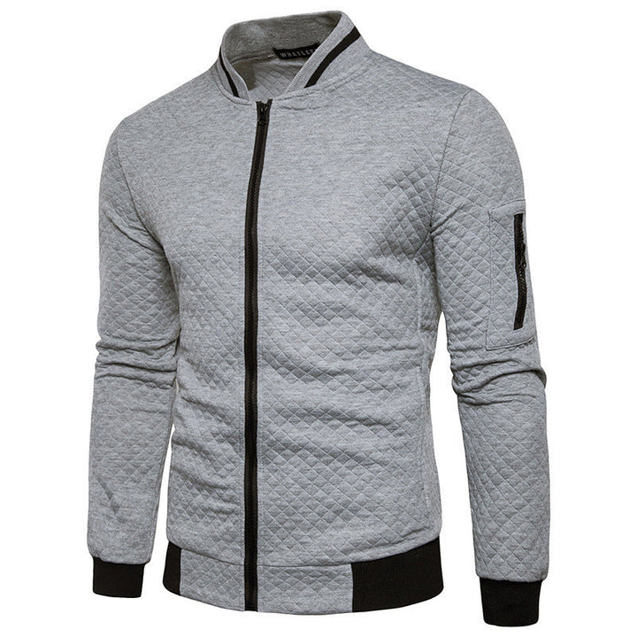 Graue gesteppte Herrenjacke mit Reißverschluss, Stehkragen, Slim Fit, langärmelig.