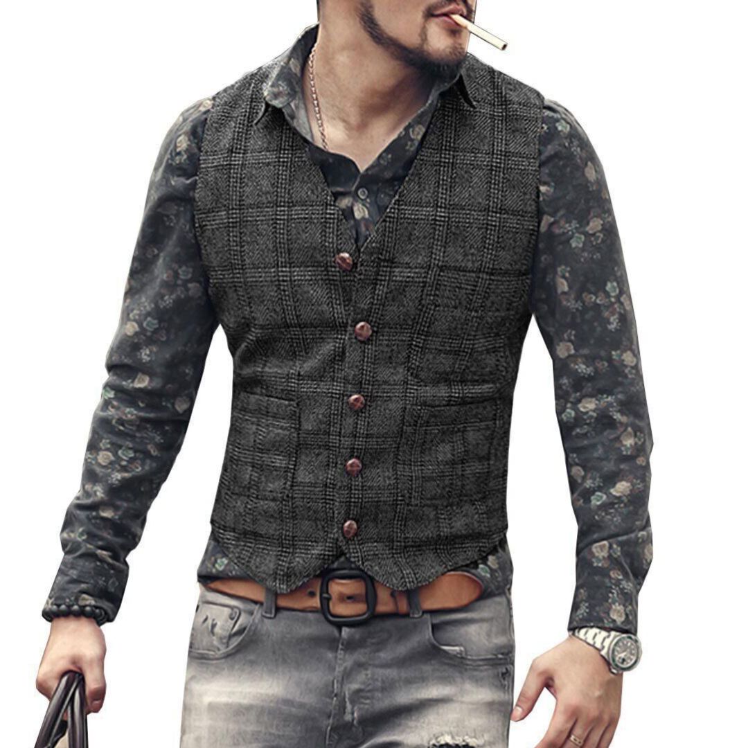 Männer Weste kariert, grau, Knöpfe, Freizeitlook, modisch, Herrenmode, Hemd, Jeans, Accessoires.