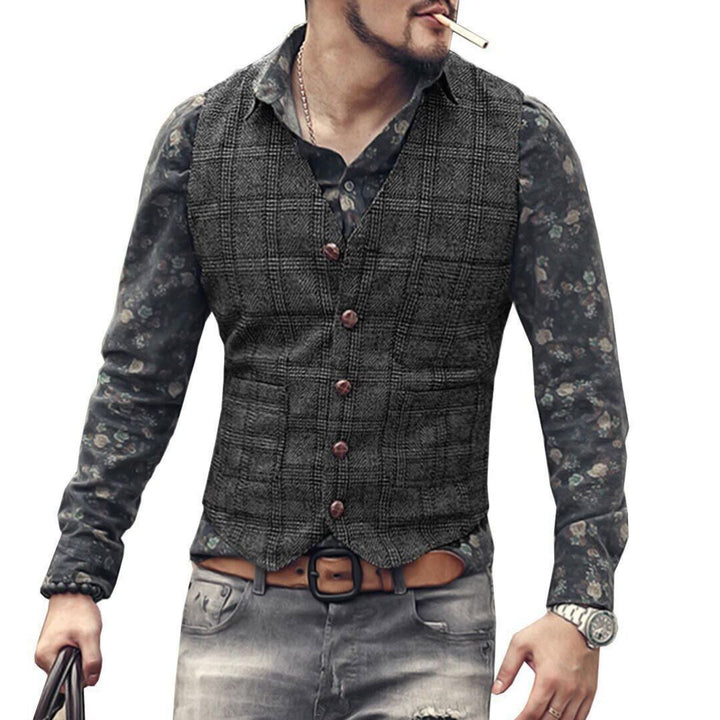 Männer Weste kariert, grau, Knöpfe, Freizeitlook, modisch, Herrenmode, Hemd, Jeans, Accessoires.