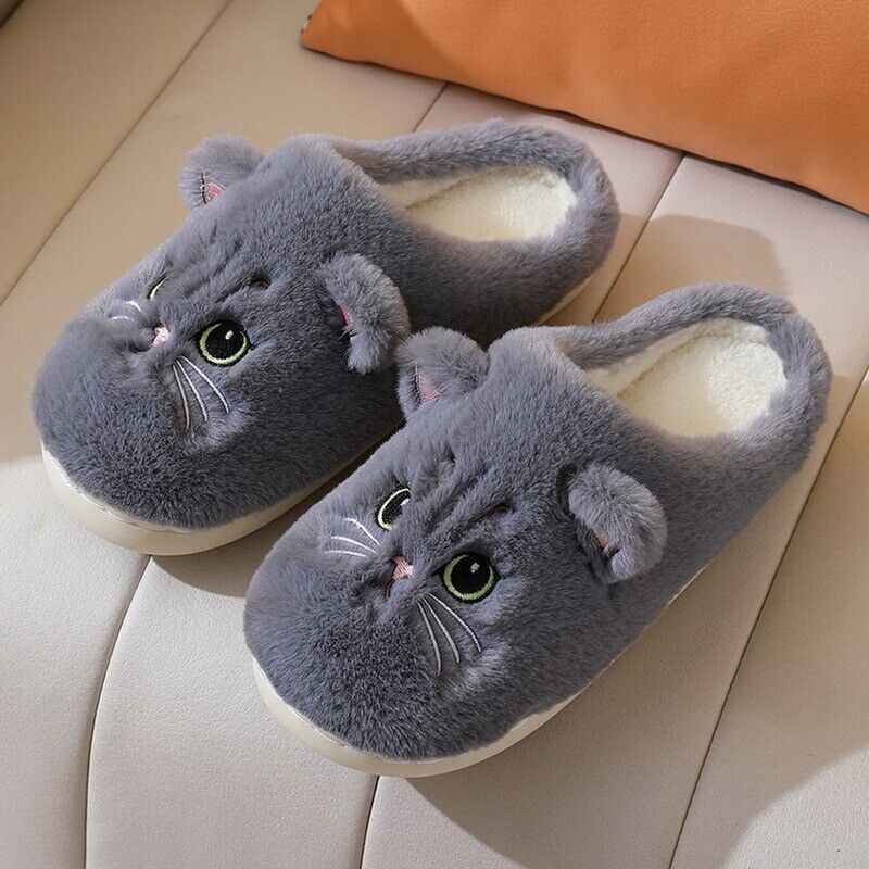 Graue Plüsch-Hausschuhe mit Katzenmotiv, warm, gemütlich, rutschfest, für Damen und Herren.