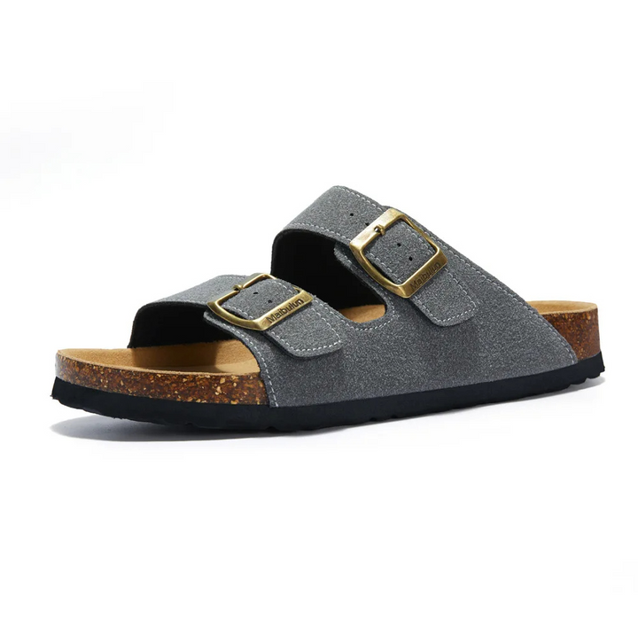 Graue Korksandalen mit goldenen Schnallen, rutschfeste Sohle, bequemes Fußbett.
