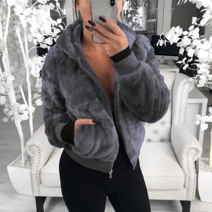 Graue Kunstpelzjacke Damen, Reißverschluss, Kapuze, modisch, warm, Winterbekleidung.