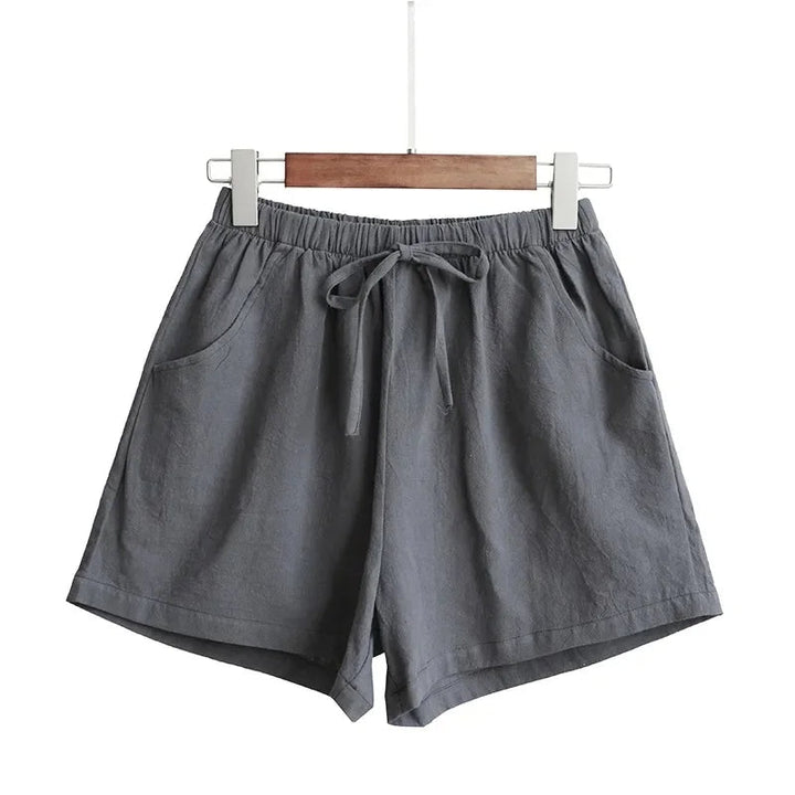 Graue Damen-Shorts aus Leinen mit Kordelzug, lässig, bequem, Sommermode.