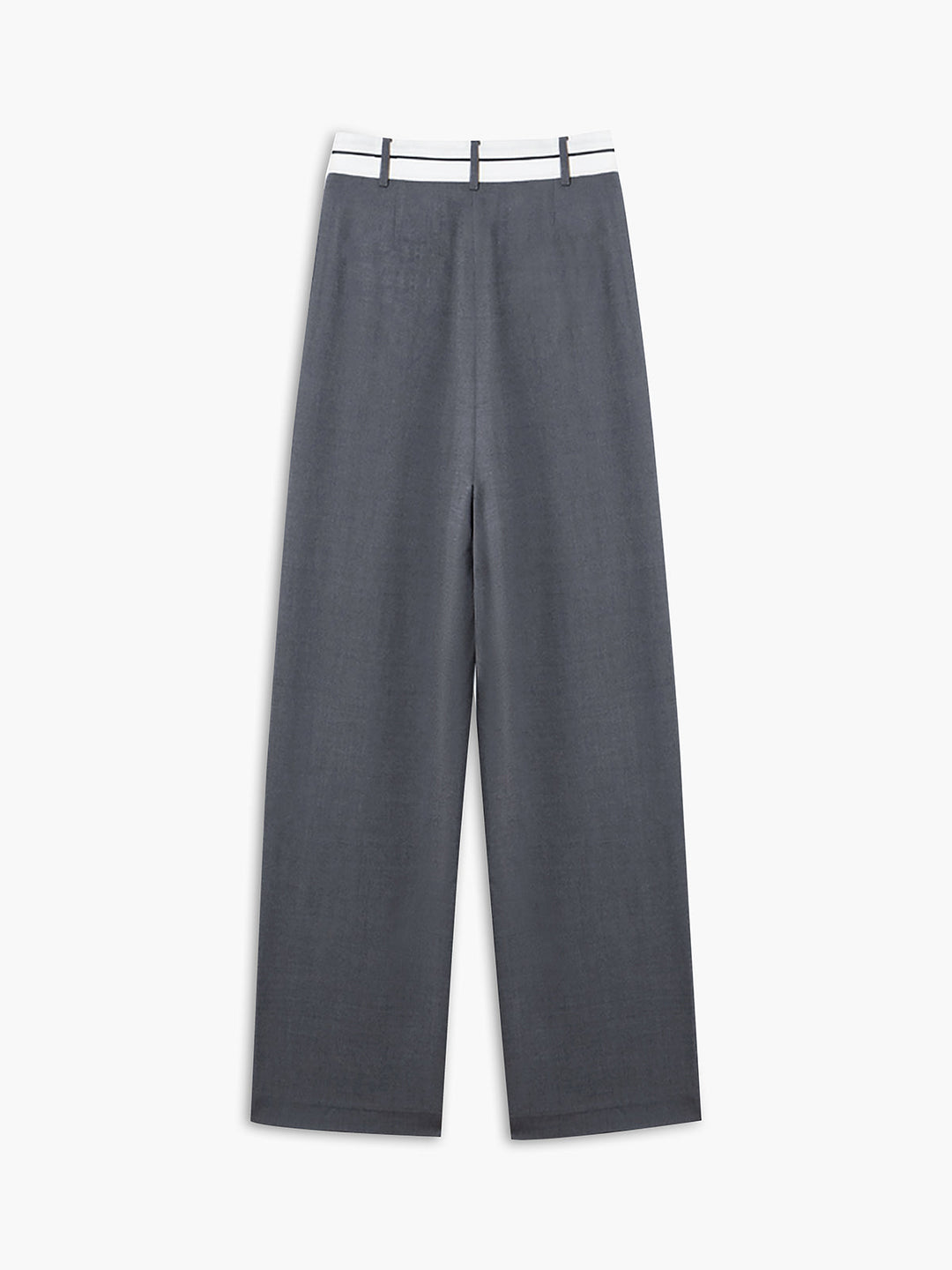 Graue Damenhose aus Leinen, weites Bein, weißer Bund, eleganter Look, Sommermode.