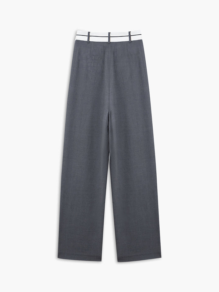 Graue Damenhose aus Leinen, weites Bein, weißer Bund, eleganter Look, Sommermode.