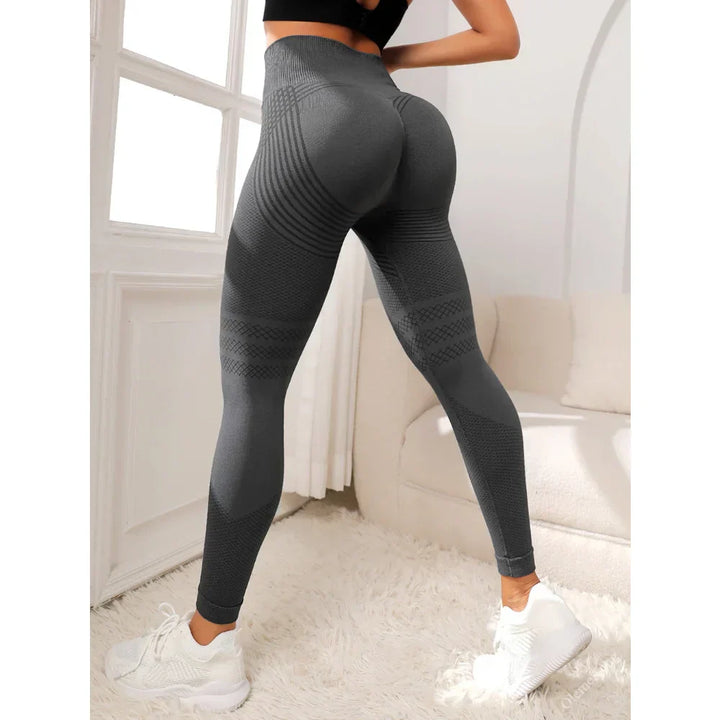Damen Sportleggings, nahtlos, grau, hoher Bund, elastisch, für Fitness und Yoga.