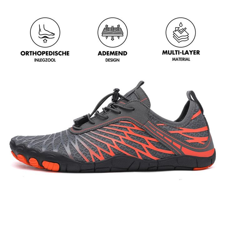 Grauer und roter Barfußschuh, orthopädisch, atmungsaktiv, mehrlagiges Material.
