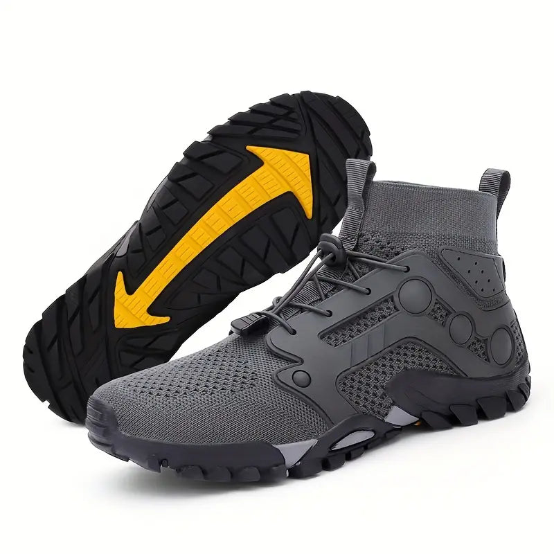 Grauer Outdoor-Wanderschuh, rutschfeste Sohle, atmungsaktives Material, Herren-Sportschuh.