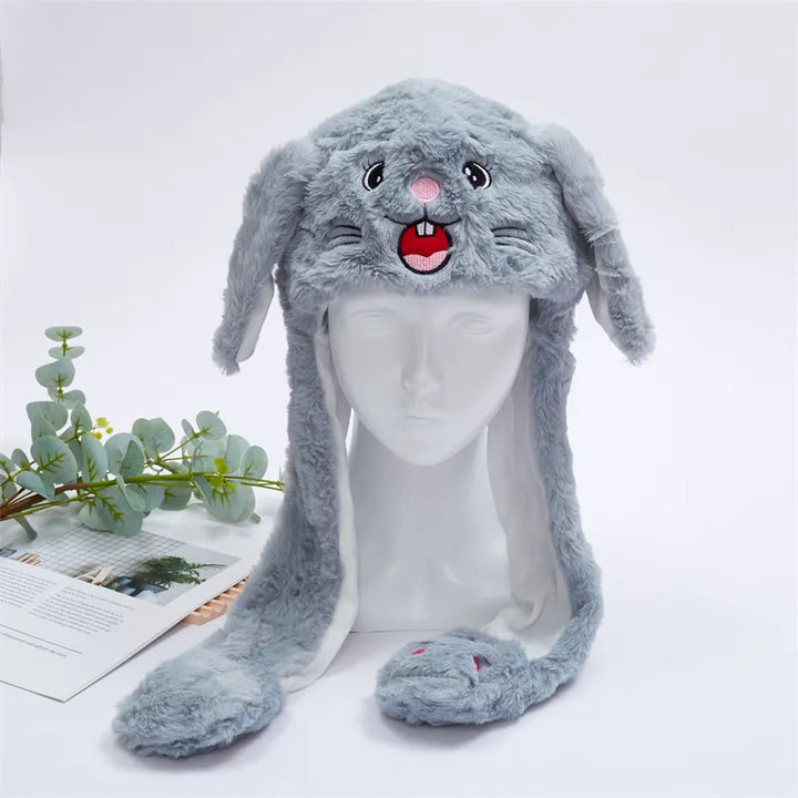 Graue Plüschmütze mit Hasenohren, niedliches Design, Winteraccessoire, Kinder, Erwachsene.