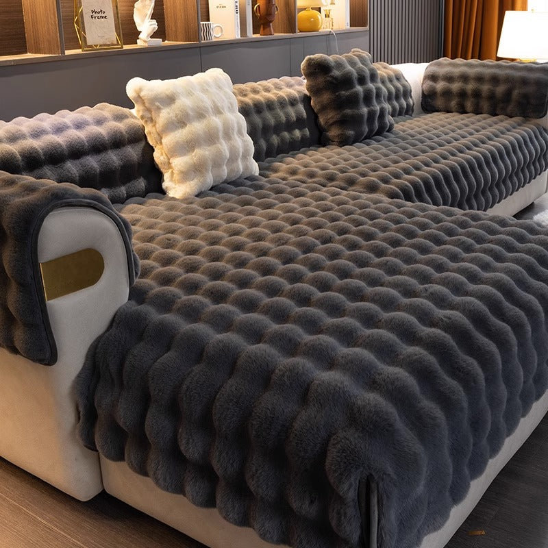 Graues, plüschiges Sofaüberwurf-Set, modern, gemütlich, Wohnzimmer-Dekoration.