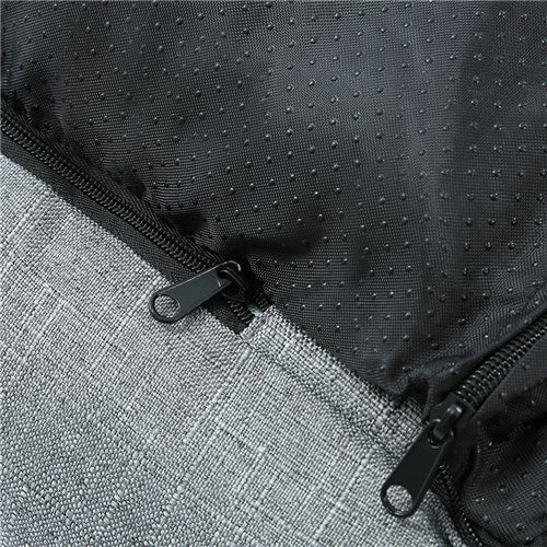 Grauer Rucksack mit schwarzem Reißverschluss, wasserabweisend, strapazierfähiges Material.